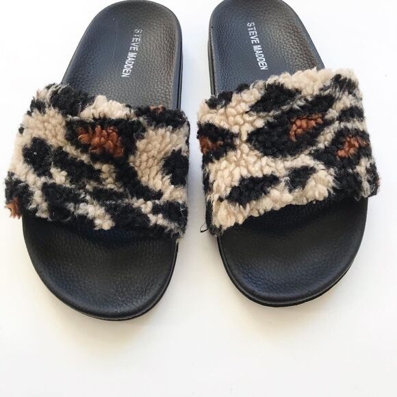Steve Madden faux shearling-trim leopard slippers VGUC size 5 women (4 youth) - Picture 2 of 7